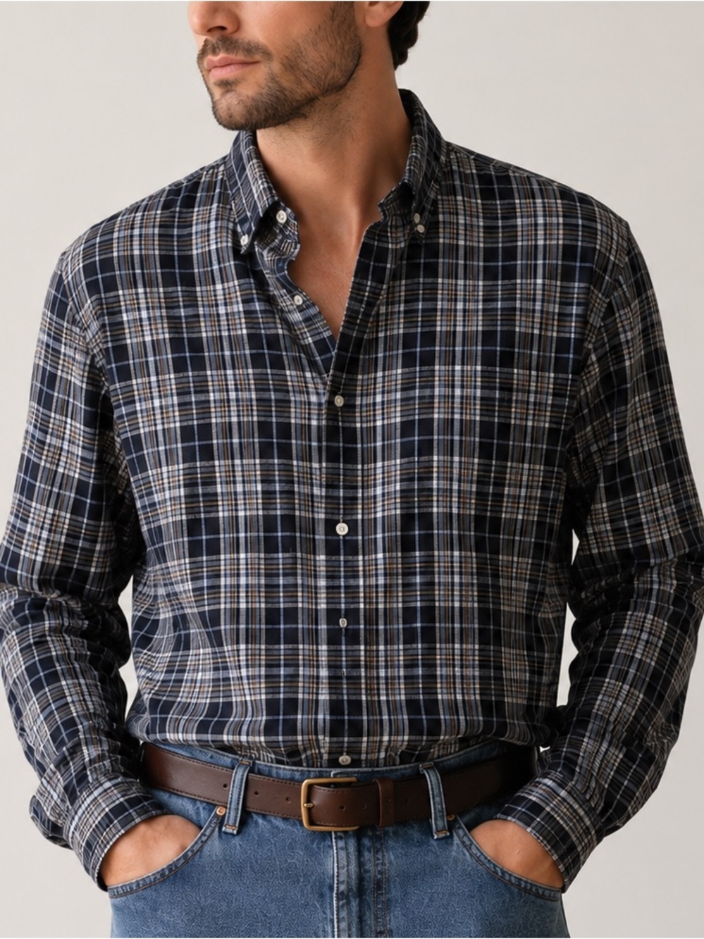 Daniel Cremieux 100% Linen Plaid Button-Down Shirt – Men’s Large